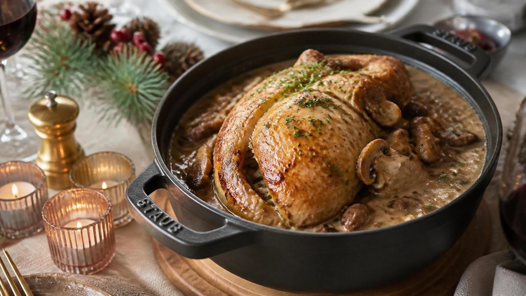 savourez un chapon mijoté lentement en cocotte, tendre et juteux, nappé d'une sauce riche et parfumée qui éveillera vos papilles.