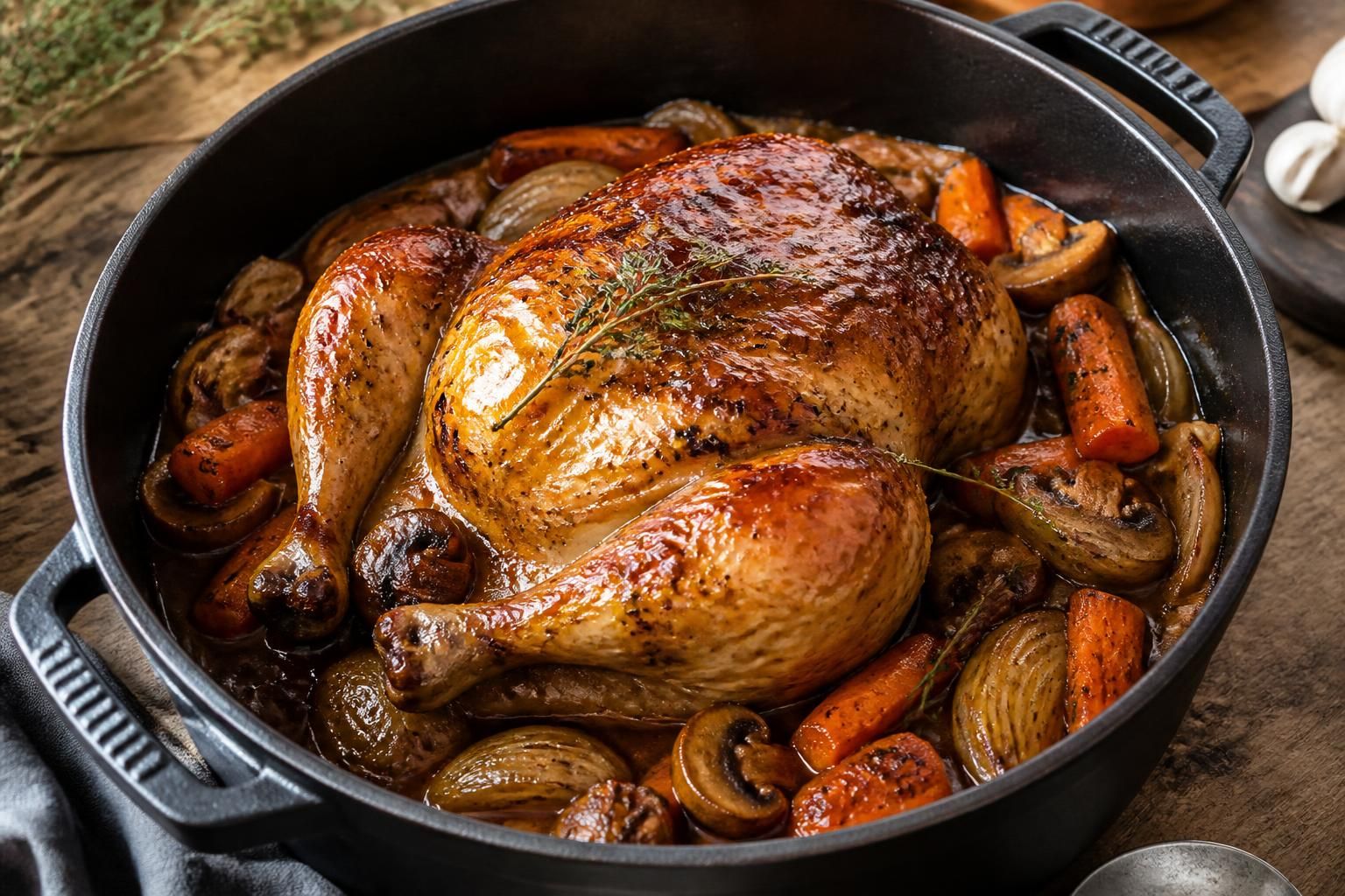 découvrez notre recette de chapon mijoté en cocotte, tendre et juteux, nappé d'une sauce savoureuse qui ravira vos papilles à chaque bouchée.
