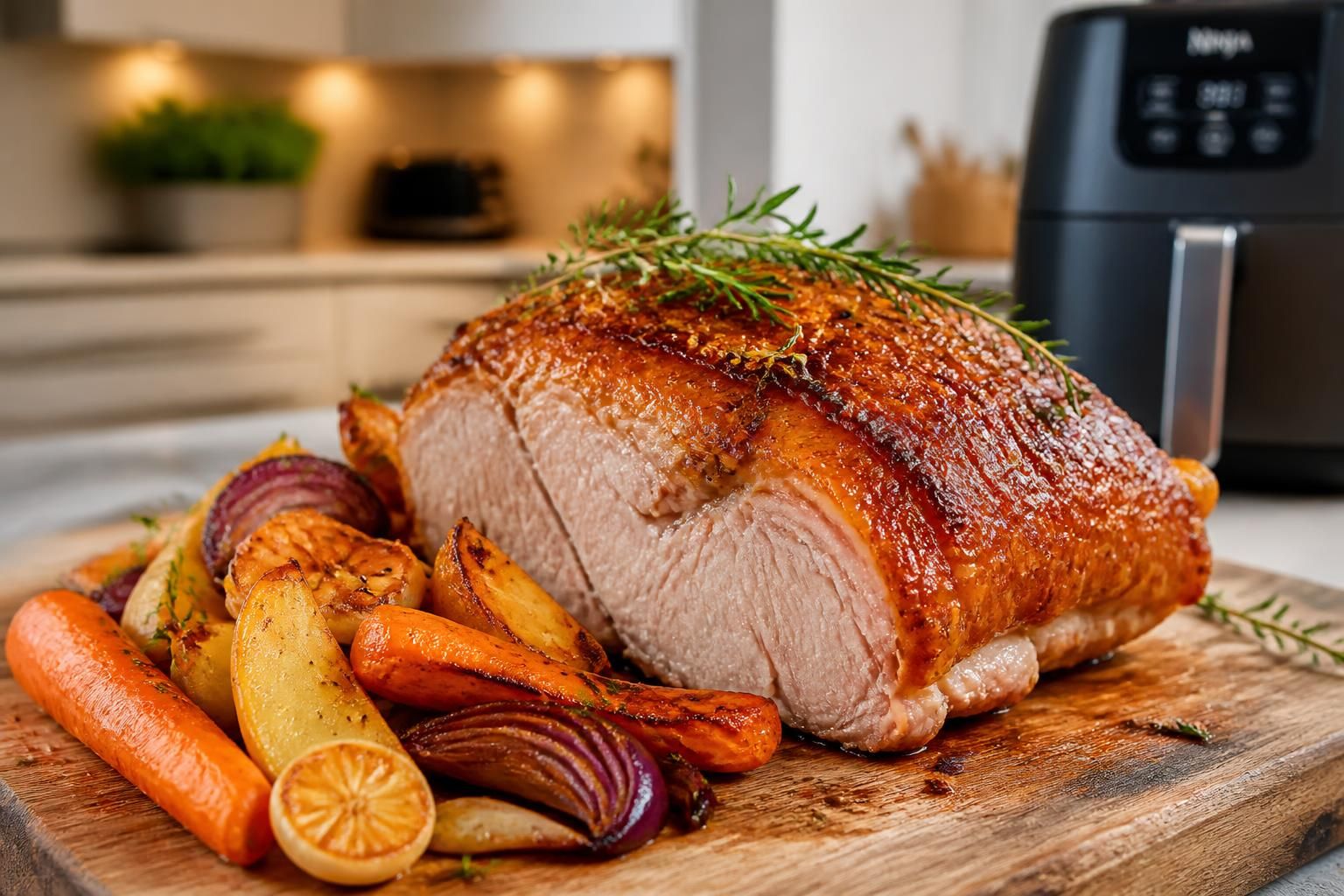 découvrez notre recette facile et rapide de rôti de porc croustillant préparé dans l'air fryer ninja pour un repas savoureux et parfaitement doré.
