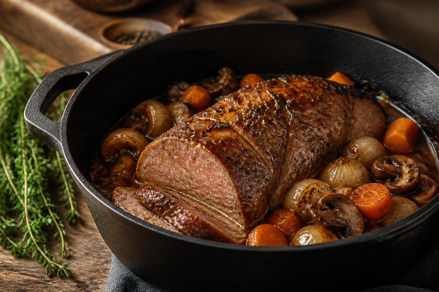 découvrez la recette du filet mignon fondant, mijoté lentement en cocotte en fonte pour une viande tendre et savoureuse à chaque bouchée.