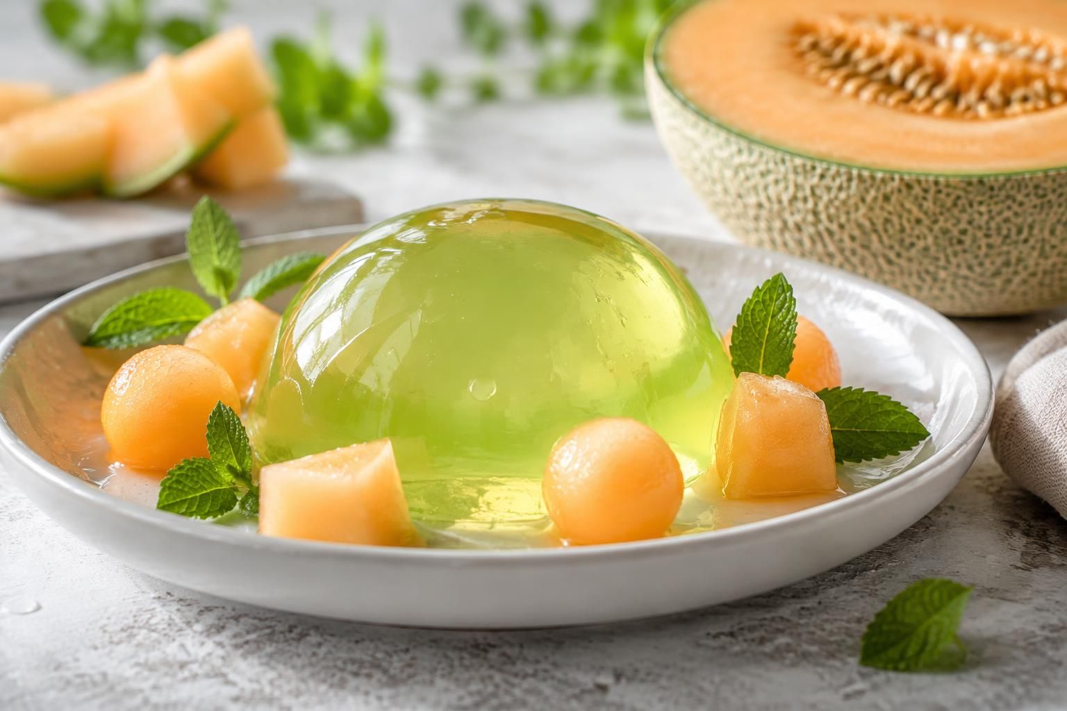 savourez un délice gélifié au melon, frais et innovant, pour une pause gourmande aux notes fruitées et rafraîchissantes.